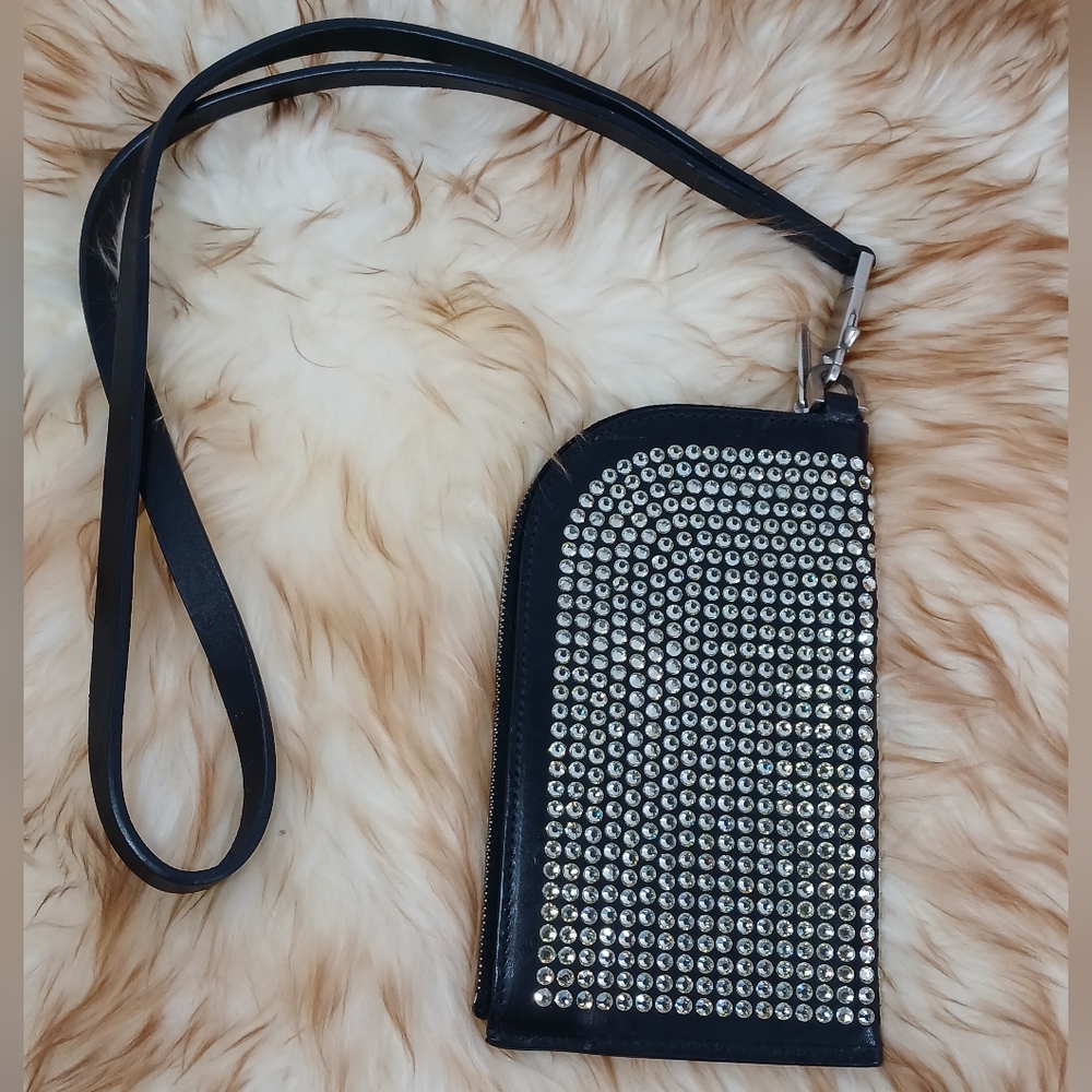 RICK OWENS Rick Owens - Crystal-Embellished Leather neck wallet bag.